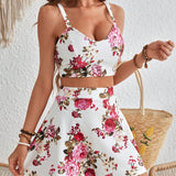 VCAY Conjunto veraniego de dos piezas con top de tirantes espagueti y falda, estampado floral ideal para vacacionar y tiempo de ocio