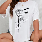 Camiseta casual de a grande para mujer de manga corta con estampado de flores y cara abstracta y cuello redondo para el verano