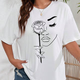 Camiseta casual de a grande para mujer de manga corta con estampado de flores y cara abstracta y cuello redondo para el verano