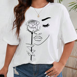 Camiseta casual de a grande para mujer de manga corta con estampado de flores y cara abstracta y cuello redondo para el verano