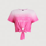 Qutie Plus Size Pink Gradient Tie Front T-Shirt With Slogan Print
