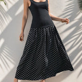 Essnce Conjunto de vestido de verano de dos piezas para mujeres, chaleco casual negro con falda negra con estampado de lunares en linea A