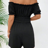 VCAY Holiday Solid Color Woven One Shoulder Jumpsuit With Ruffle Trim And Waist Tie For Women