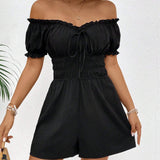 VCAY Holiday Solid Color Woven One Shoulder Jumpsuit With Ruffle Trim And Waist Tie For Women