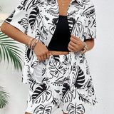 VCAY Conjunto de dos piezas para mujer con camisa y shorts con estampado de plantas tropicales para vacaciones de verano, holgado