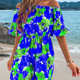 VCAY Women's Beach Vacation Floral Printed Off-The-Shoulder Flared Sleeve Loose Romper