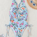 Swim Vcay Traje de bano estilo vacacional para damas con estampado floral, cordon ajustable, espalda abierta y diseno lateral recortado