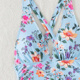 Swim Vcay Traje de bano estilo vacacional para damas con estampado floral, cordon ajustable, espalda abierta y diseno lateral recortado