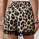 LUNE Mujeres Leopardo Imprimir Borla Contraste Recortado Moda Shorts