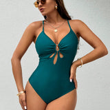 Swim Mujeres traje de bano de una sola pieza con corte en la cintura y detalle de huecos en color solido para vacaciones