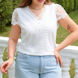 NEW  Frenchy Plus Size Summer  Lace Patchwork Hollow Out Embroidered Button Decorated Short-Sleeved T-Shirt