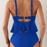 Swim Conjunto de top tankini recortado y Bottom triangulada fruncida en unicolor para mujer en la playa durante el verano