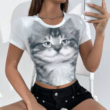 EZwear Camiseta Casual de Manga Corta con Estampado de Gato Lindo para uso Diario de Primavera/Verano