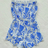 WYWH Women Romper With Vacation-Style Blue And White Dual Color Graffiti Floral Print, Ruffled Hem Decoration, Strapless And Waist Drawstring Design For Summer