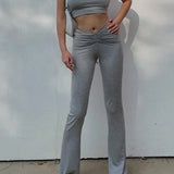 EZwear Conjunto De Top Corto De Mujer Gris De Punto Ajustado Con Tirantes Finos Estilo Espagueti Y Pantalones Acampanados