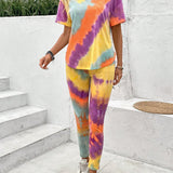 LUNE Conjunto de mujer de mangas cortas y pantalones cortos con estampado aleatorio y colorido
