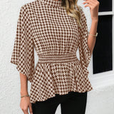 Blusa con cuello alto de pata de gallo, mangas abombadas y cintura entallada, parte superior con peplum para primavera/verano