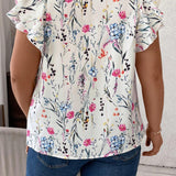 Clasi Camisa de verano estampada para mujeres de as grandes con doble capa de mangas con volantes de a