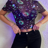 Essnce Top de malla neon con estampado de sol y luna luminoso para mujeres, casual y adecuado para festivales de musica