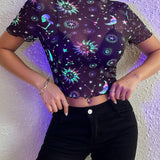 Essnce Top de malla neon con estampado de sol y luna luminoso para mujeres, casual y adecuado para festivales de musica