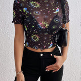 Essnce Top de malla neon con estampado de sol y luna luminoso para mujeres, casual y adecuado para festivales de musica