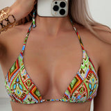 Swim Top de bikini para mujer con estampado geometrico con cuello halter y atado en la espalda para vacaciones, con estampado aleatorio