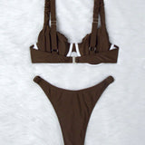 Swim Conjunto de bikini de bano solido con detalle fruncido y sujetador de bikini para vacaciones de playa en verano