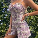 WYWH Women Romantic Floral Print Holiday Chest Cup Ruffled Strap Tie Jumpsuit Shorts