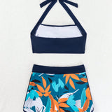 Swim Conjunto de bikini estampado de plantas de verano para vacaciones en la playa de mujeres