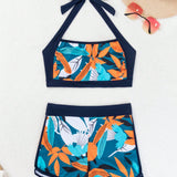 Swim Conjunto de bikini estampado de plantas de verano para vacaciones en la playa de mujeres