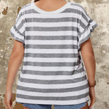 LUNE Plus Size Women's Striped T-Shirt Front And Front Neck V Neck Round Neck Two-Wear Short Sleeve T-Shirt