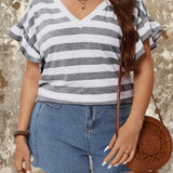 LUNE Plus Size Women's Striped T-Shirt Front And Front Neck V Neck Round Neck Two-Wear Short Sleeve T-Shirt