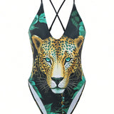 Swim Vcay Traje de bano de una pieza con correa cruzada trasera para mujer, con estampado de leopardo, ideal para vacaciones de verano en la playa