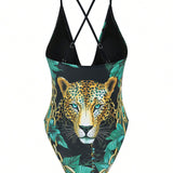 Swim Vcay Traje de bano de una pieza con correa cruzada trasera para mujer, con estampado de leopardo, ideal para vacaciones de verano en la playa