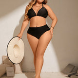 Swim Vcay Conjunto de bikini de talla grande de color solido con cuello halter, lazo en la espalda y traje de bano separado
