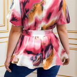 NEW Plus Size Abstract Print Belted Top, Casual V Neck Short Sleeve Top