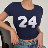 Dazy Designer Camiseta corta de mujer de punto de costilla con estampado digital