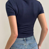 Dazy Designer Camiseta corta de mujer de punto de costilla con estampado digital