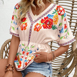 VCAY Camisa de verano de moda para mujeres con cinturon floral impreso en la cintura