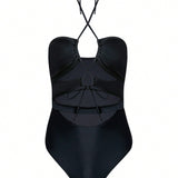 Swim Traje de bano de una sola pieza negro para mujer con cuello halter recortado, espalda cruzada y atado sexy para vacaciones