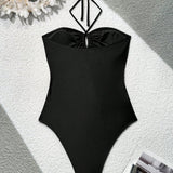 Swim Traje de bano de una sola pieza negro para mujer con cuello halter recortado, espalda cruzada y atado sexy para vacaciones