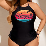 Swim Curve Tankini de talla grande con cuello halter y estampado tropical y de letras
