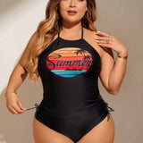 Swim Curve Tankini de talla grande con cuello halter y estampado tropical y de letras