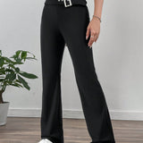EZwear Pantalones largos con cinturon de un color solido y cremallera incorporada