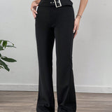 EZwear Pantalones largos con cinturon de un color solido y cremallera incorporada