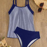 Swim Conjunto tankini para playa de verano con parte superior tankini en color bloqueo y rayas con tirantes espaguetis y Bottom de triangulo de natacion