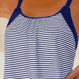 Swim Conjunto tankini para playa de verano con parte superior tankini en color bloqueo y rayas con tirantes espaguetis y Bottom de triangulo de natacion