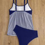 Swim Conjunto tankini para playa de verano con parte superior tankini en color bloqueo y rayas con tirantes espaguetis y Bottom de triangulo de natacion