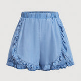 MOD Pantalones cortos estilo vintage para mujer con patron de taza de te y dobladillo con volantes, cinturilla elastica en azul