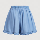 MOD Pantalones cortos estilo vintage para mujer con patron de taza de te y dobladillo con volantes, cinturilla elastica en azul